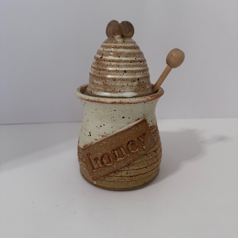 Vintage Wagner Village Pottery Honey Pot Jar Wood Dipper Signed Stoneware Lidded